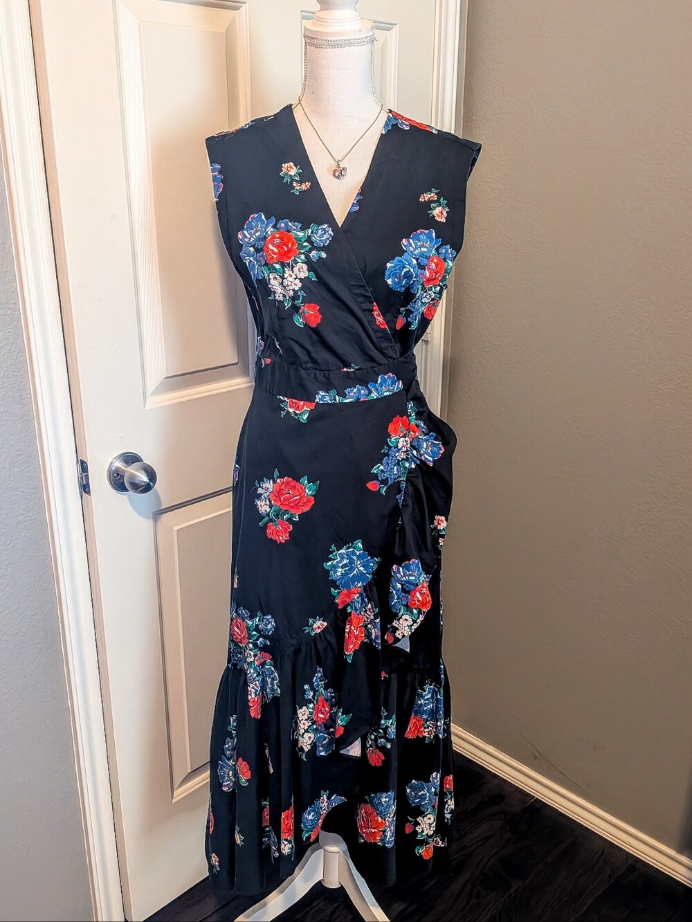 Tory Burch Black Maxi Wrap Dress with Blue & Red Floral Print And Ruffles